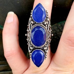 New Oversized Blue Sapphire 925 Silver Statement Ring.